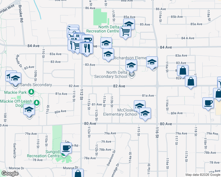 map of restaurants, bars, coffee shops, grocery stores, and more near 11348 82 Avenue in Delta