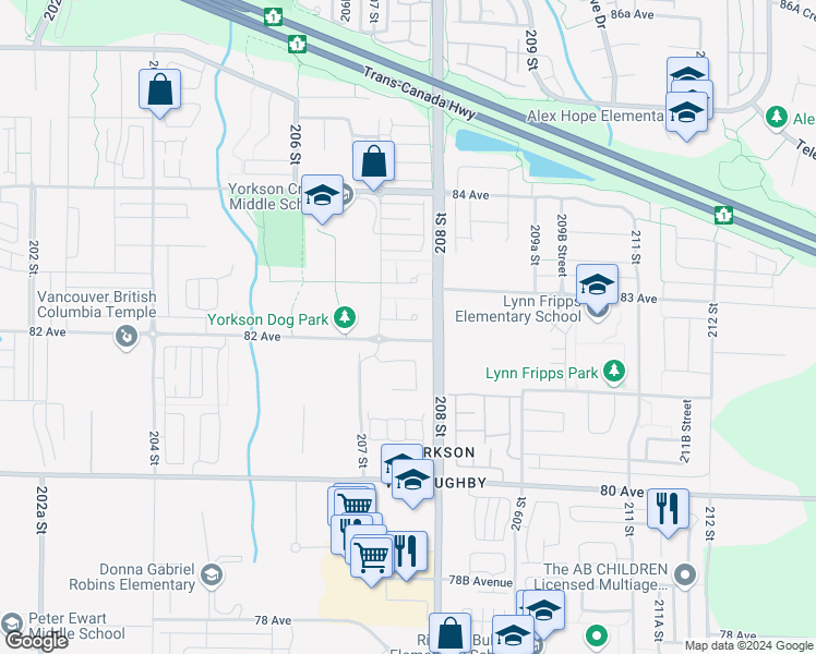 map of restaurants, bars, coffee shops, grocery stores, and more near in Langley Township