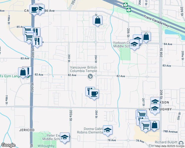 map of restaurants, bars, coffee shops, grocery stores, and more near 20377 82 Avenue in Langley Township