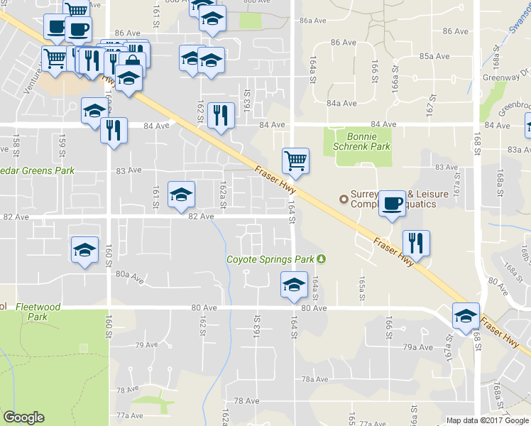 map of restaurants, bars, coffee shops, grocery stores, and more near 16 82 Avenue in Surrey