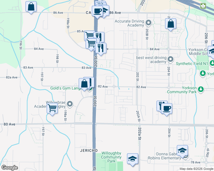 map of restaurants, bars, coffee shops, grocery stores, and more near 20059 82 Avenue in Langley City