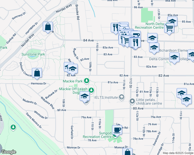 map of restaurants, bars, coffee shops, grocery stores, and more near 10996 82 Avenue in Delta