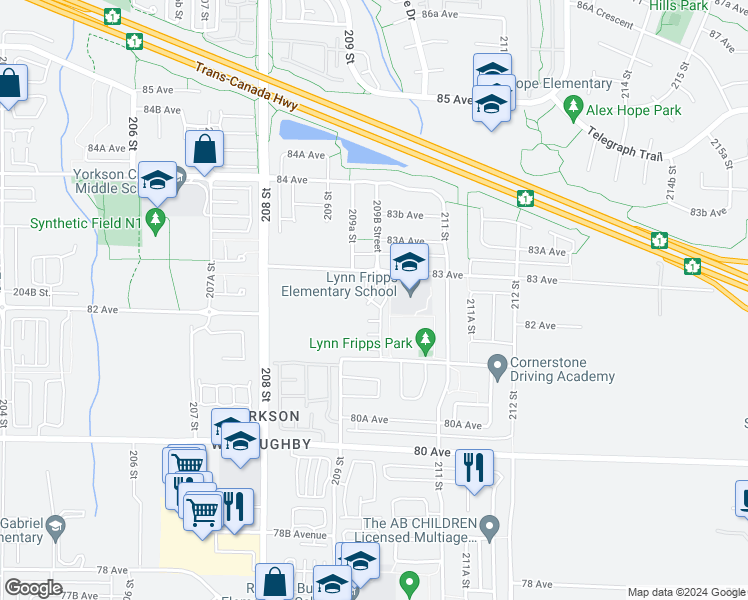map of restaurants, bars, coffee shops, grocery stores, and more near 8250 209B Street in Langley Township