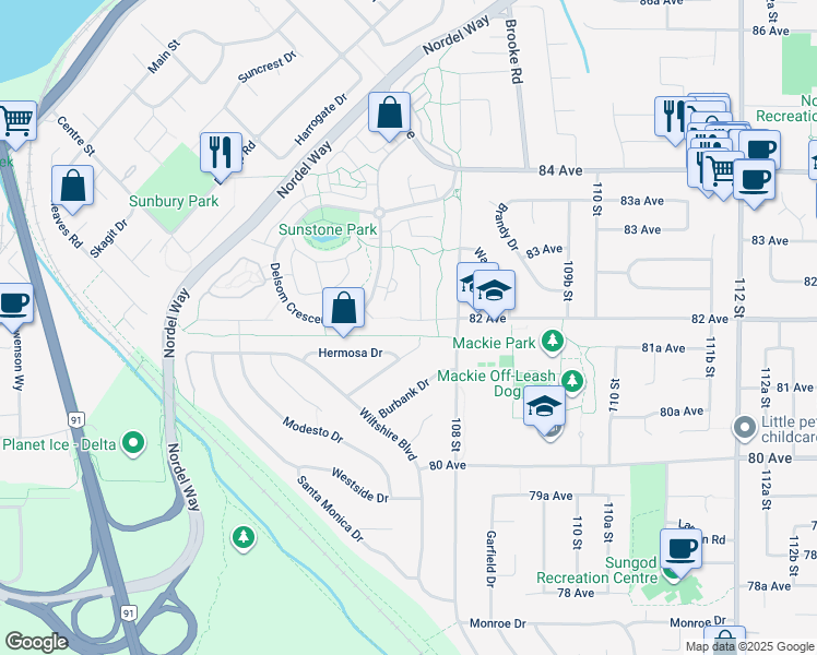 map of restaurants, bars, coffee shops, grocery stores, and more near 10734 82 Avenue in Delta