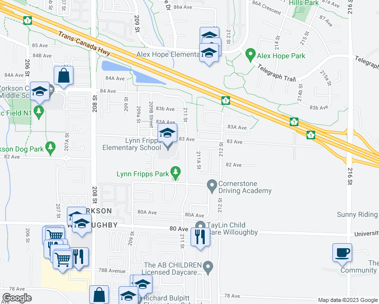 map of restaurants, bars, coffee shops, grocery stores, and more near 8248 211 Street in Langley