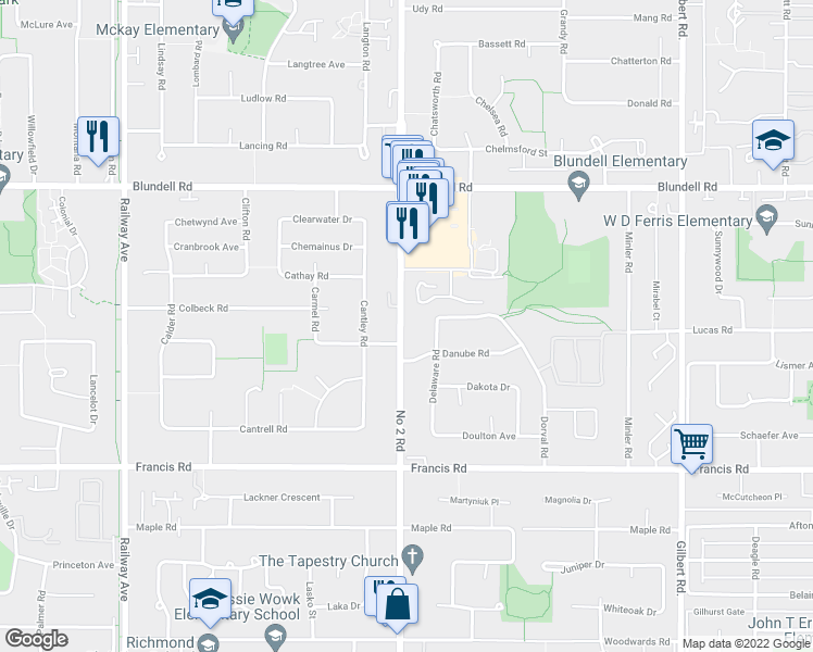 map of restaurants, bars, coffee shops, grocery stores, and more near 2 Number 2 Road in Richmond