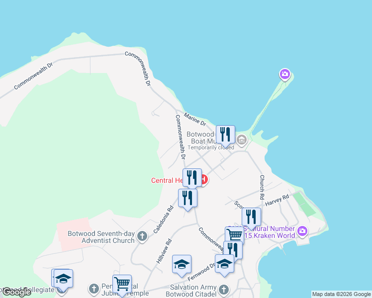 map of restaurants, bars, coffee shops, grocery stores, and more near 56 Commonwealth Drive in Botwood