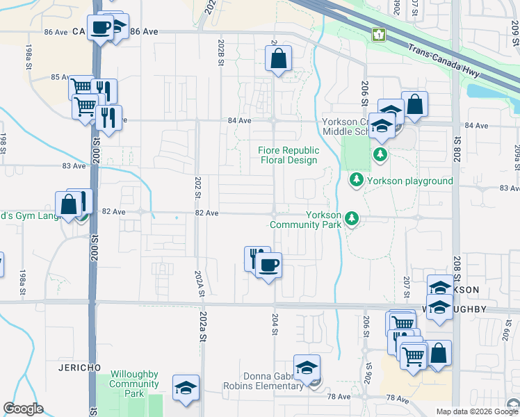 map of restaurants, bars, coffee shops, grocery stores, and more near in Langley Township