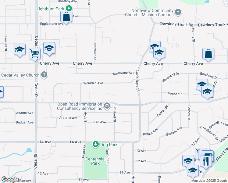 map of restaurants, bars, coffee shops, grocery stores, and more near 33195 Rose Avenue in Mission