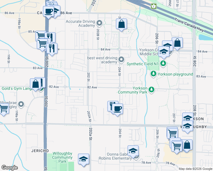 map of restaurants, bars, coffee shops, grocery stores, and more near 20315 82 Avenue in Langley Township