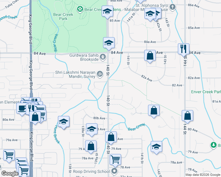 map of restaurants, bars, coffee shops, grocery stores, and more near 14008 82 Avenue in Surrey