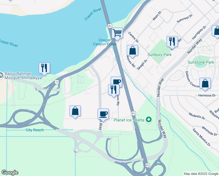 map of restaurants, bars, coffee shops, grocery stores, and more near 10118 Swenson Way in Delta