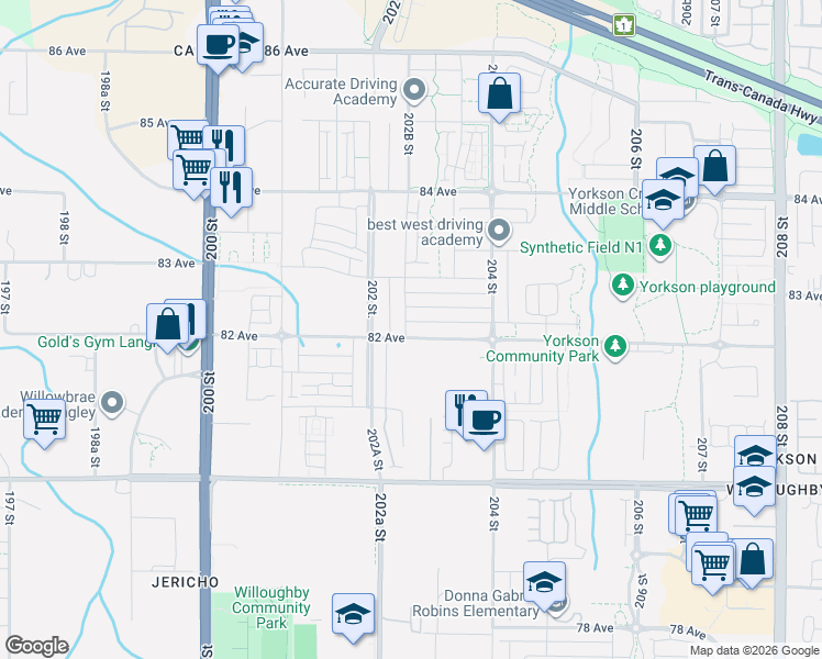 map of restaurants, bars, coffee shops, grocery stores, and more near 20271 82 Avenue in Langley Township