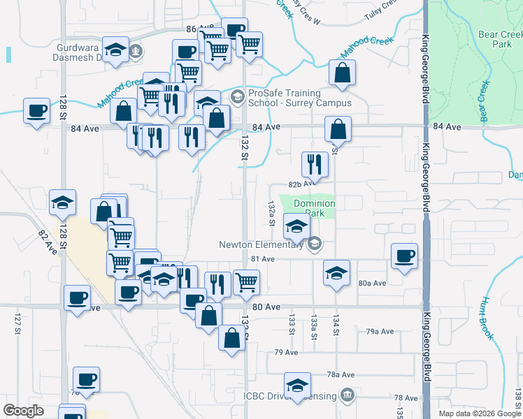 map of restaurants, bars, coffee shops, grocery stores, and more near 13232 82 Avenue in Surrey