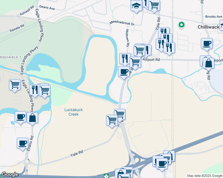 map of restaurants, bars, coffee shops, grocery stores, and more near 45553 Yale Road in Chilliwack