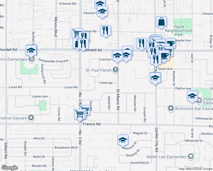 map of restaurants, bars, coffee shops, grocery stores, and more near in Richmond