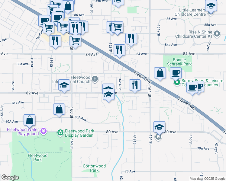 map of restaurants, bars, coffee shops, grocery stores, and more near 16233 82 Avenue in Surrey