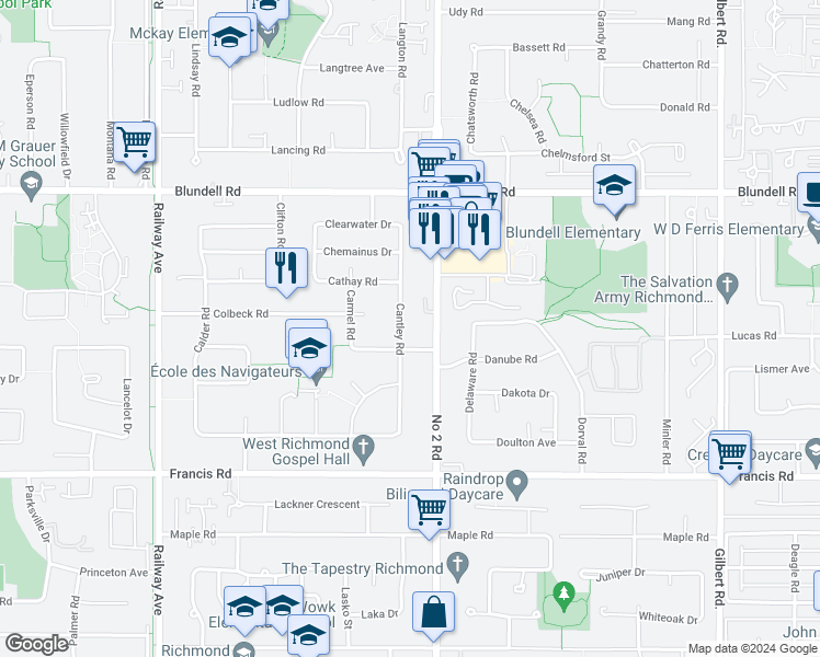 map of restaurants, bars, coffee shops, grocery stores, and more near 8428 Cantley Road in Richmond