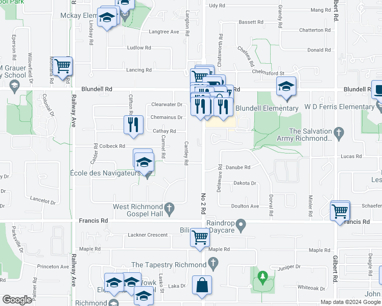 map of restaurants, bars, coffee shops, grocery stores, and more near 8428 Cantley Road in Richmond