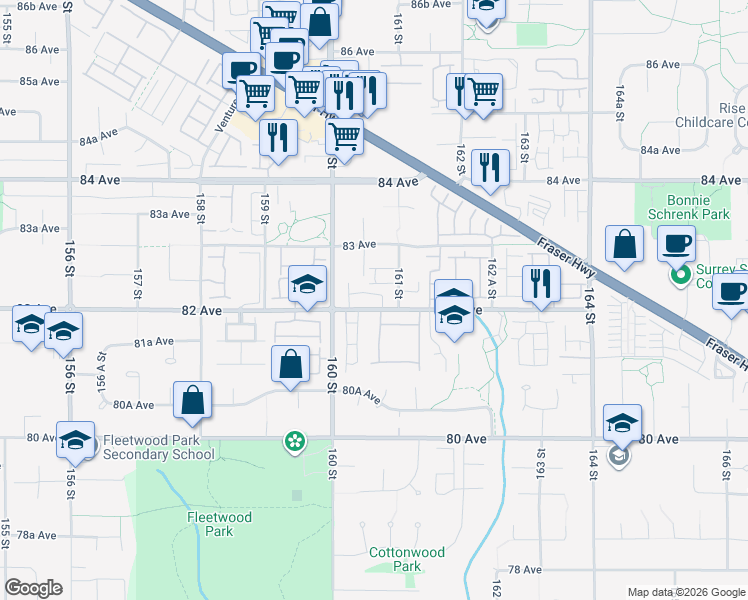 map of restaurants, bars, coffee shops, grocery stores, and more near 16071 82 Avenue in Surrey