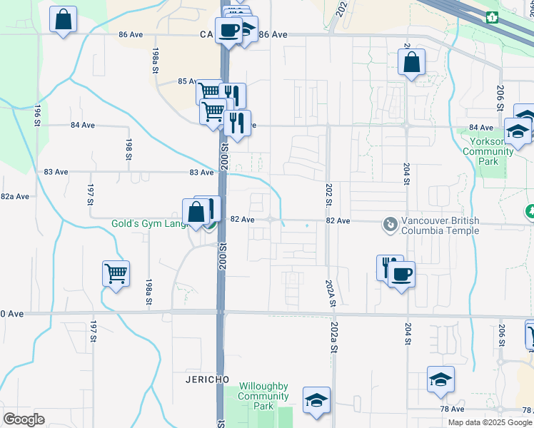 map of restaurants, bars, coffee shops, grocery stores, and more near 20057 82 Avenue in Langley Township