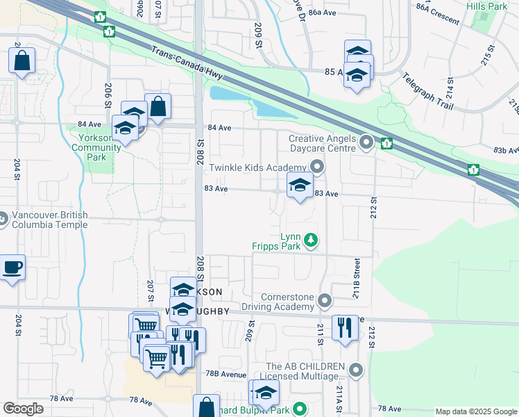 map of restaurants, bars, coffee shops, grocery stores, and more near 20926 83 Avenue in Langley Township