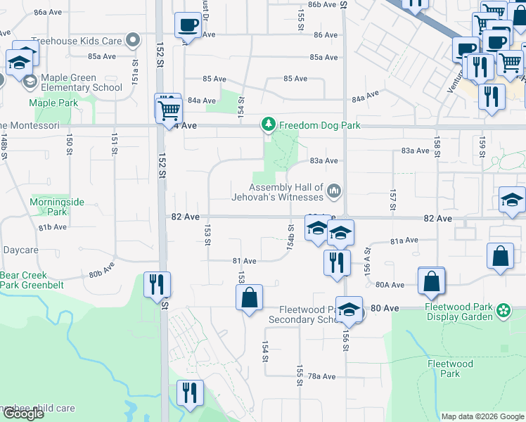 map of restaurants, bars, coffee shops, grocery stores, and more near 15411 82 Avenue in Surrey
