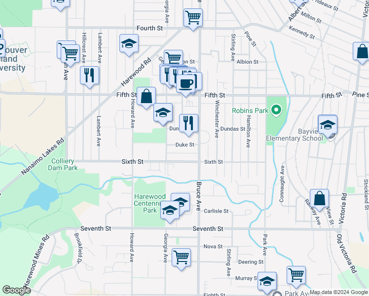 map of restaurants, bars, coffee shops, grocery stores, and more near 523 Duke Street in Nanaimo