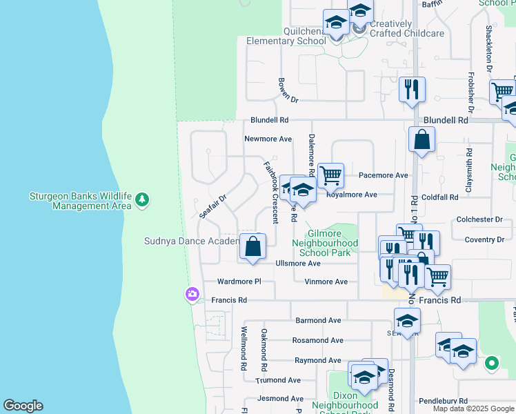 map of restaurants, bars, coffee shops, grocery stores, and more near 8371 Fairhurst Road in Richmond