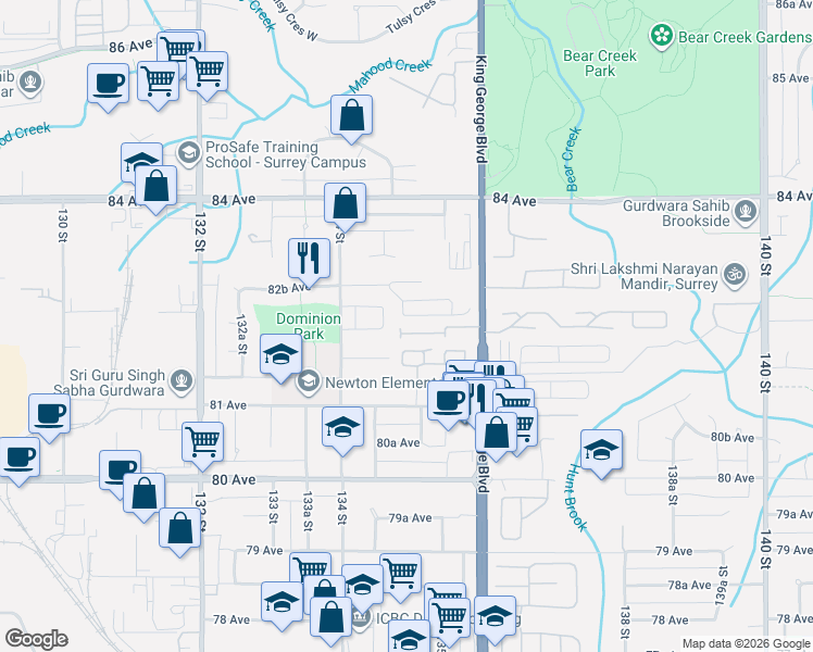 map of restaurants, bars, coffee shops, grocery stores, and more near 8181 135A Street in Surrey