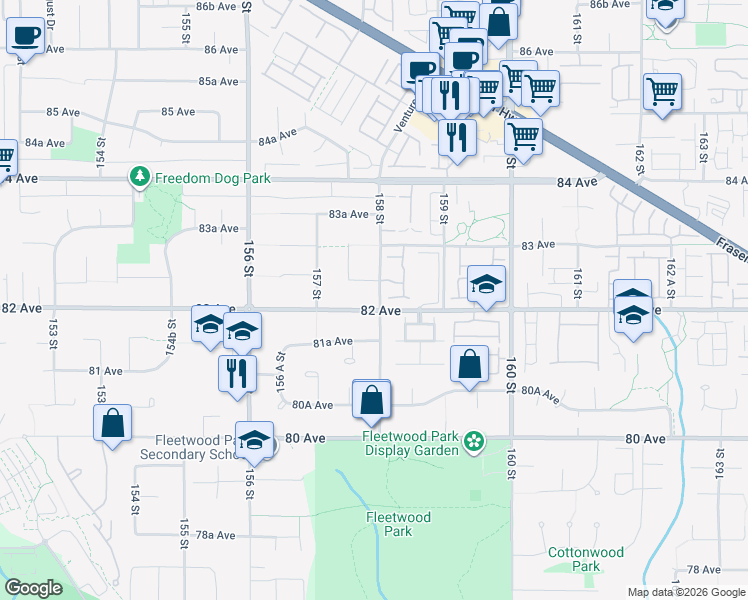 map of restaurants, bars, coffee shops, grocery stores, and more near 8215 158 Street in Surrey