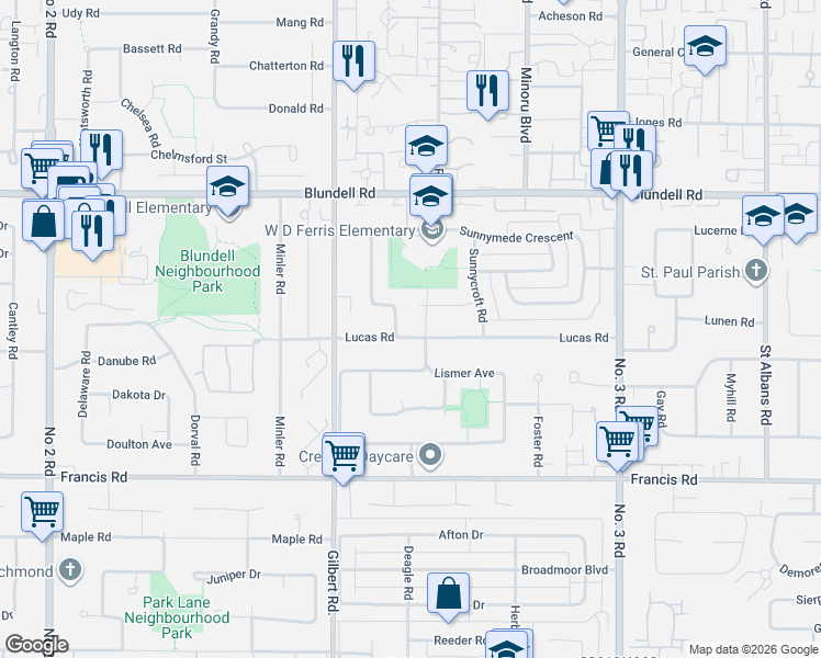 map of restaurants, bars, coffee shops, grocery stores, and more near 7231 Lucas Road in Richmond