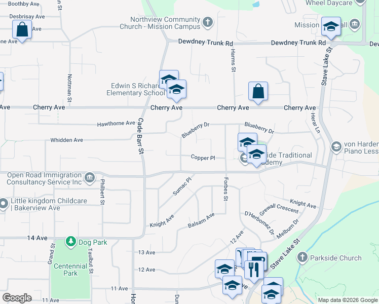 map of restaurants, bars, coffee shops, grocery stores, and more near 33473 Copper Place in Mission