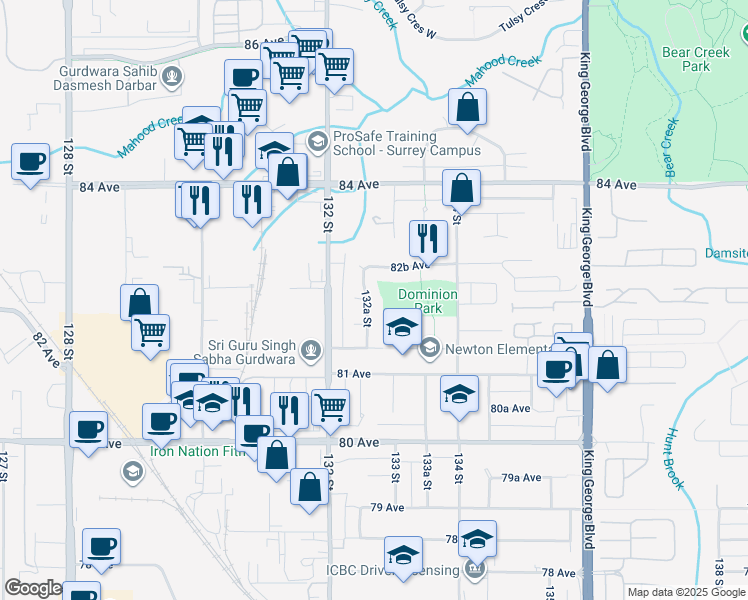 map of restaurants, bars, coffee shops, grocery stores, and more near 8212 132A Street in Surrey