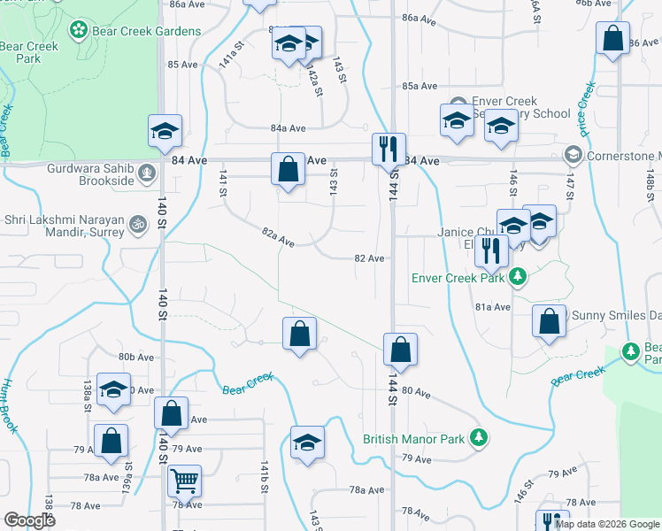 map of restaurants, bars, coffee shops, grocery stores, and more near 14330 82 Avenue in Surrey