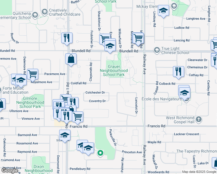 map of restaurants, bars, coffee shops, grocery stores, and more near 8580 Citadel Crescent in Richmond