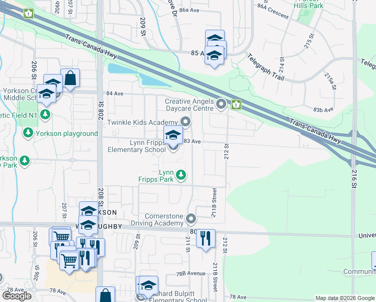 map of restaurants, bars, coffee shops, grocery stores, and more near 8259 211 Street in Langley