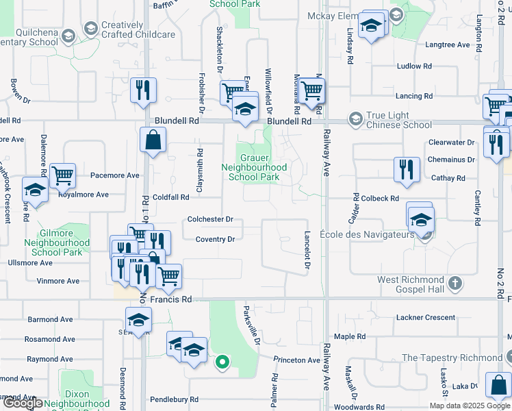 map of restaurants, bars, coffee shops, grocery stores, and more near 8680 Citadel Crescent in Richmond