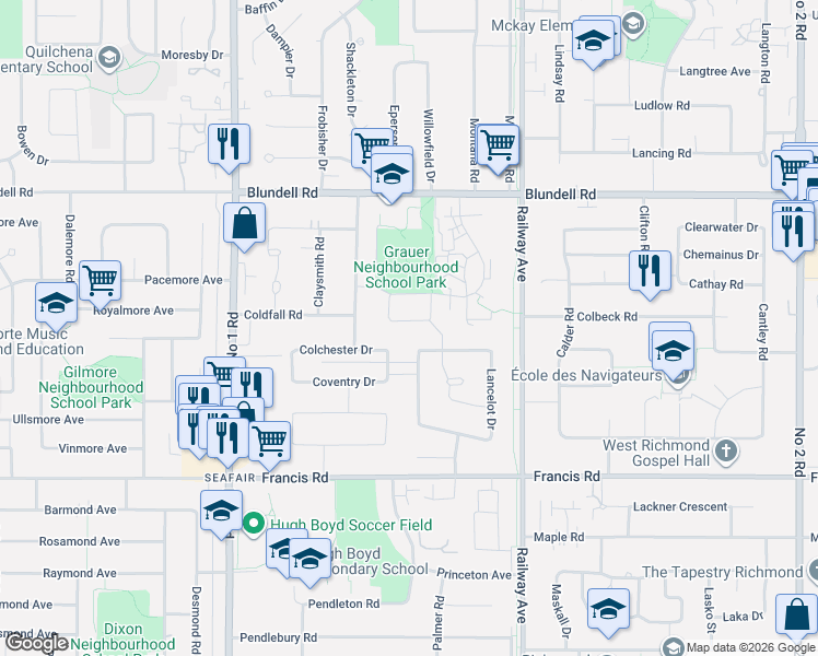 map of restaurants, bars, coffee shops, grocery stores, and more near 4371 Lancelot Drive in Richmond