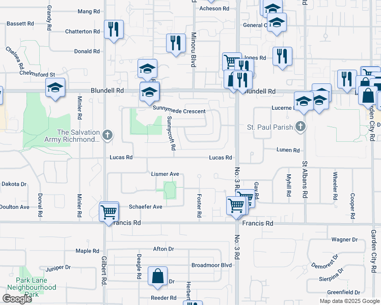 map of restaurants, bars, coffee shops, grocery stores, and more near 7551 Lucas Road in Richmond