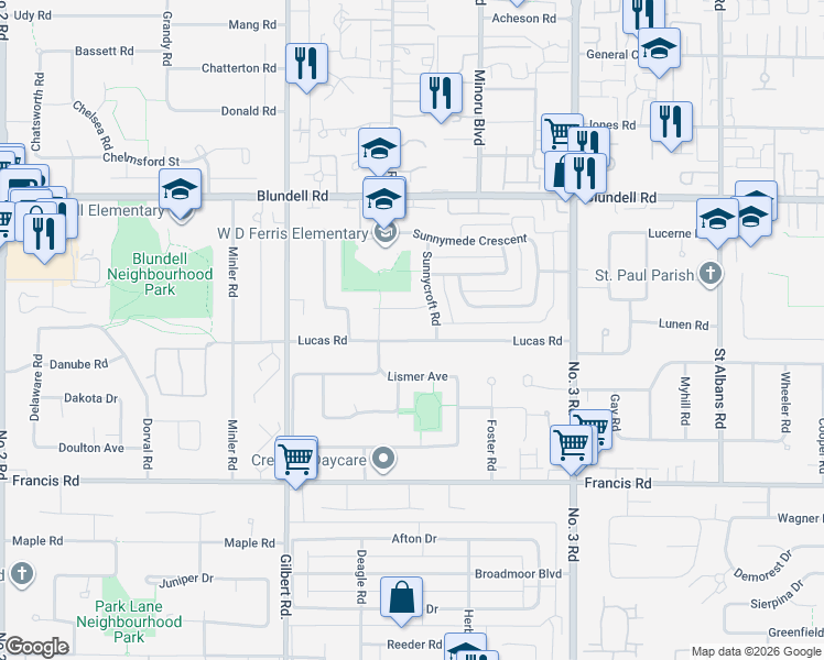 map of restaurants, bars, coffee shops, grocery stores, and more near 7411 Lucas Road in Richmond