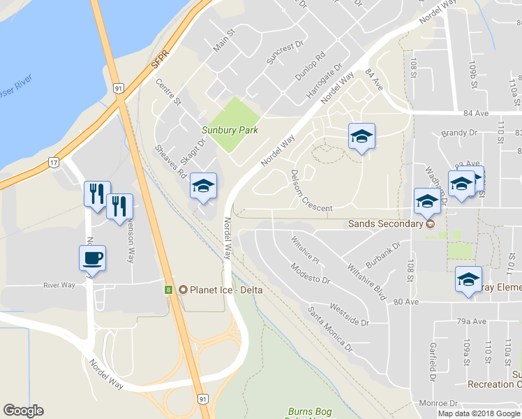 map of restaurants, bars, coffee shops, grocery stores, and more near 10481 Modesto Place in Delta