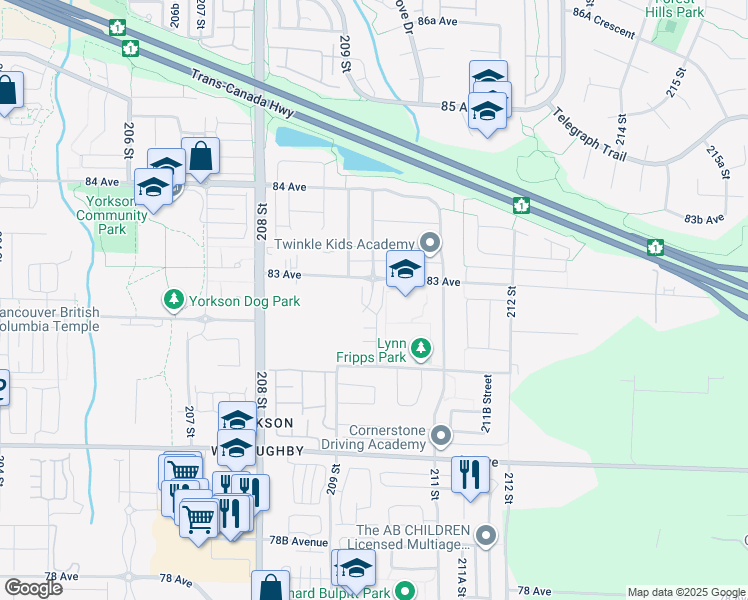 map of restaurants, bars, coffee shops, grocery stores, and more near in Langley Township