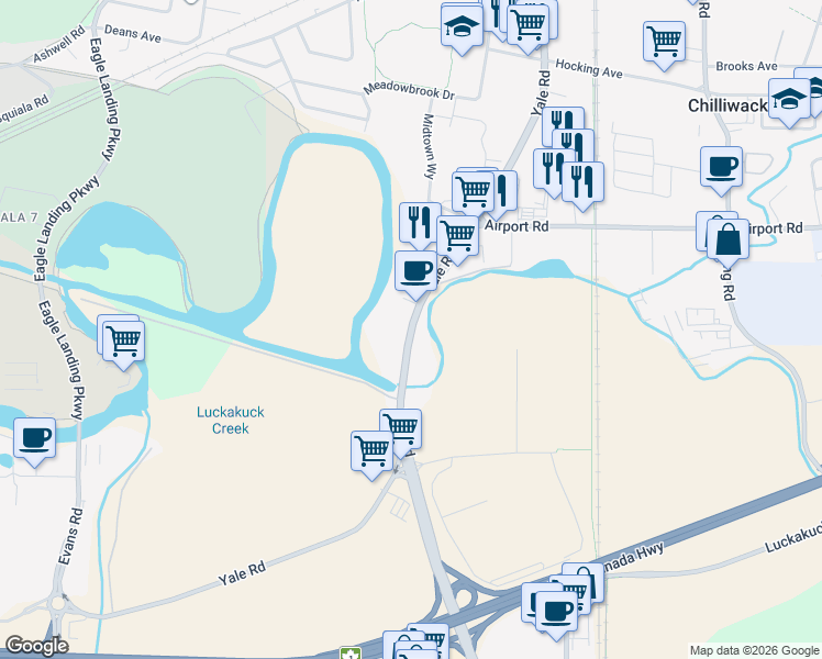 map of restaurants, bars, coffee shops, grocery stores, and more near 46289 Yale Road East in Chilliwack