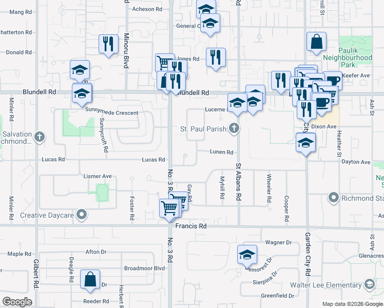 map of restaurants, bars, coffee shops, grocery stores, and more near 8151 Lucas Road in Richmond