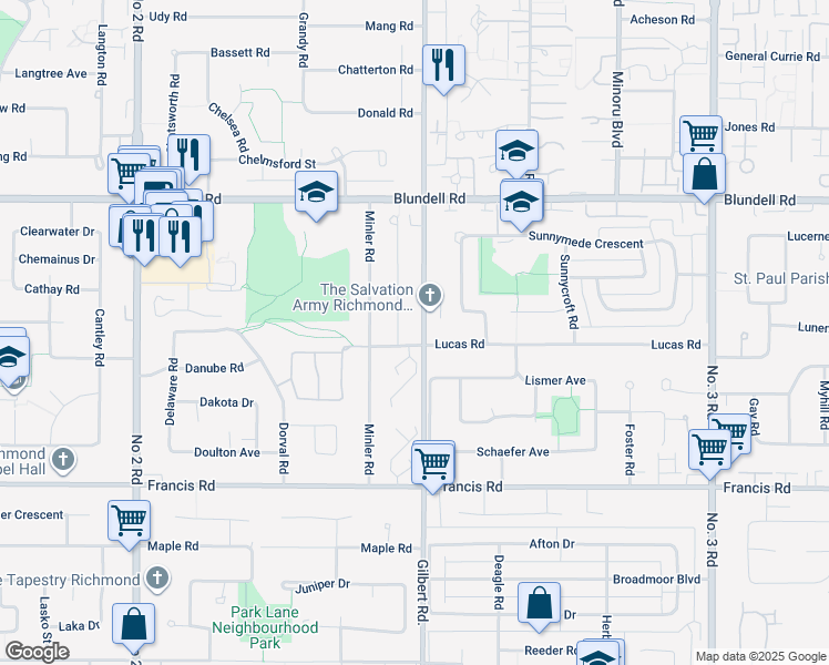 map of restaurants, bars, coffee shops, grocery stores, and more near 8351 Gilbert Road in Richmond