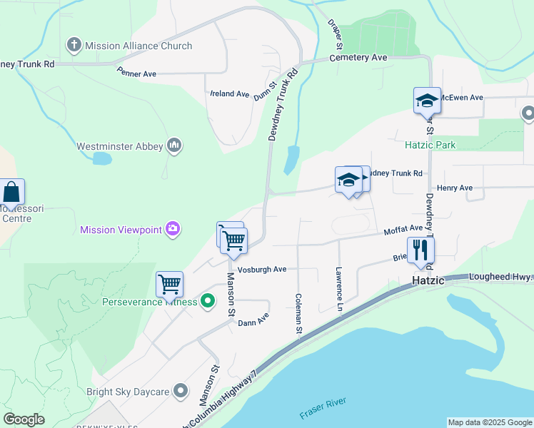 map of restaurants, bars, coffee shops, grocery stores, and more near 8270 Manson Street in Mission