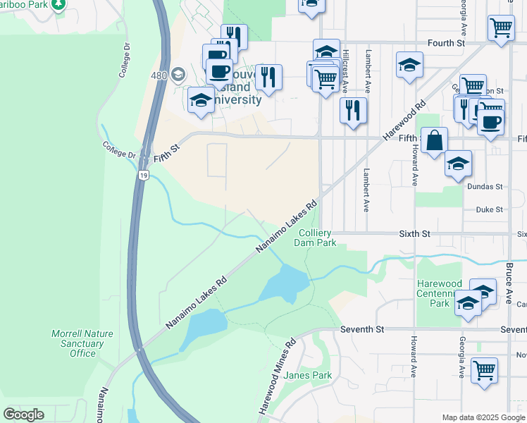 map of restaurants, bars, coffee shops, grocery stores, and more near 703 Nanaimo Lakes Road in Nanaimo