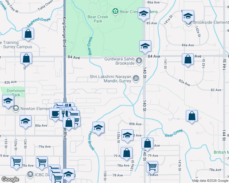 map of restaurants, bars, coffee shops, grocery stores, and more near 138 Street in Surrey