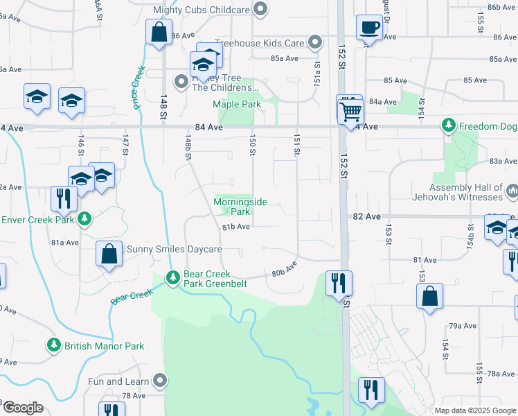 map of restaurants, bars, coffee shops, grocery stores, and more near 8218 150 Street in Surrey